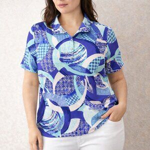 Chico’s Weekends Size 2 (L) Blue Abstract Snap Collar Stretch Short Sleeve Top